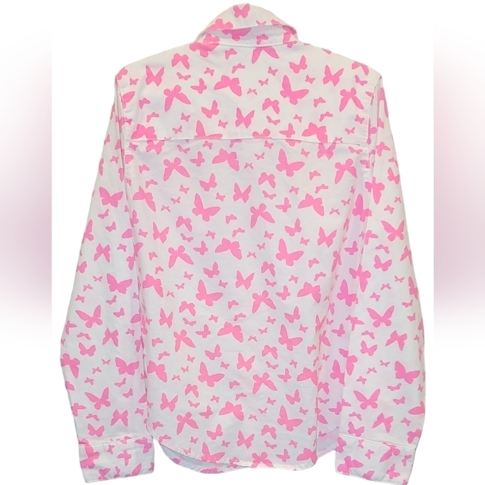 Neon Pink Butterfly Button-down Cotton Shirt - Picture 2 of 7